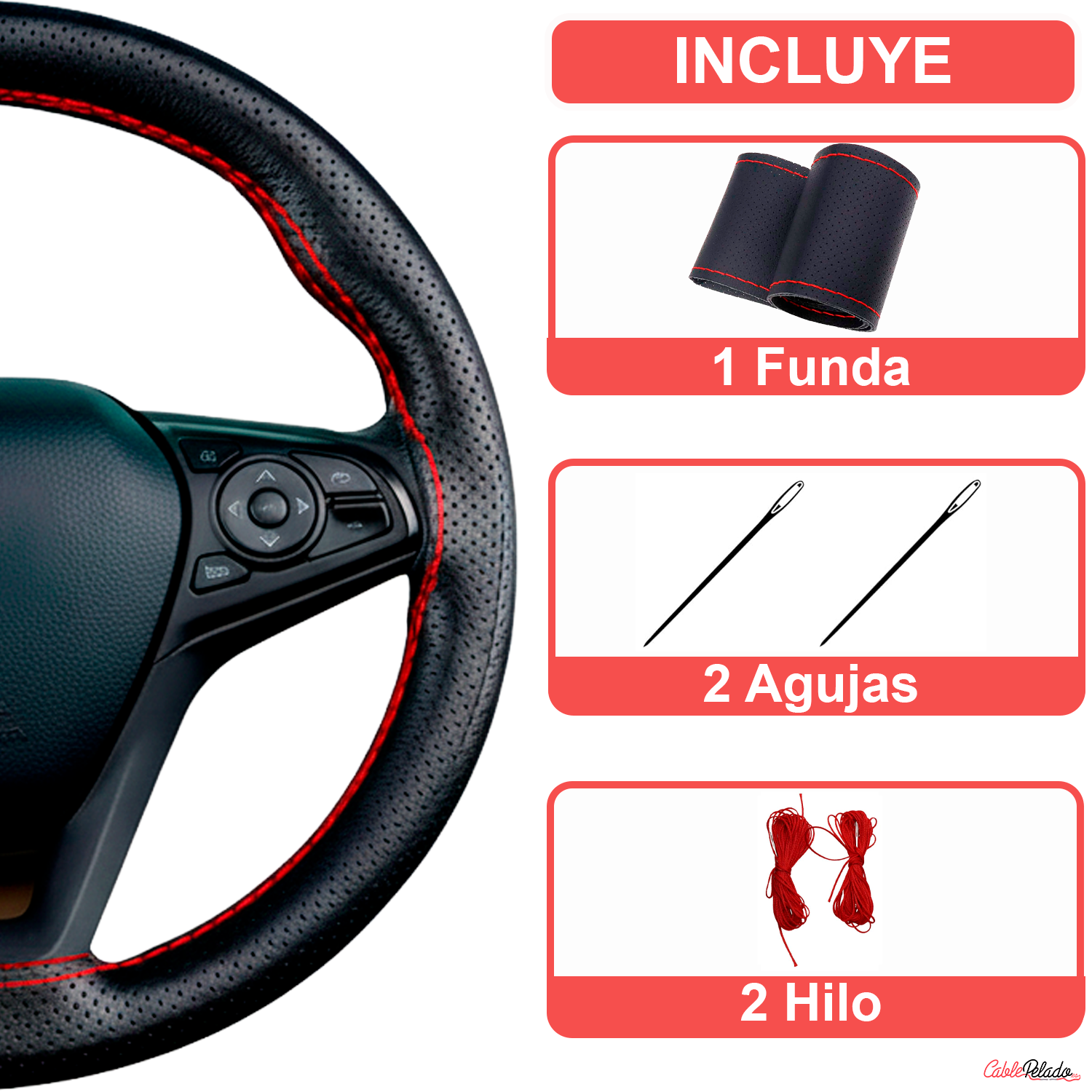 Funda Para Volante Perforada Con Agujas e Hilo Rojo