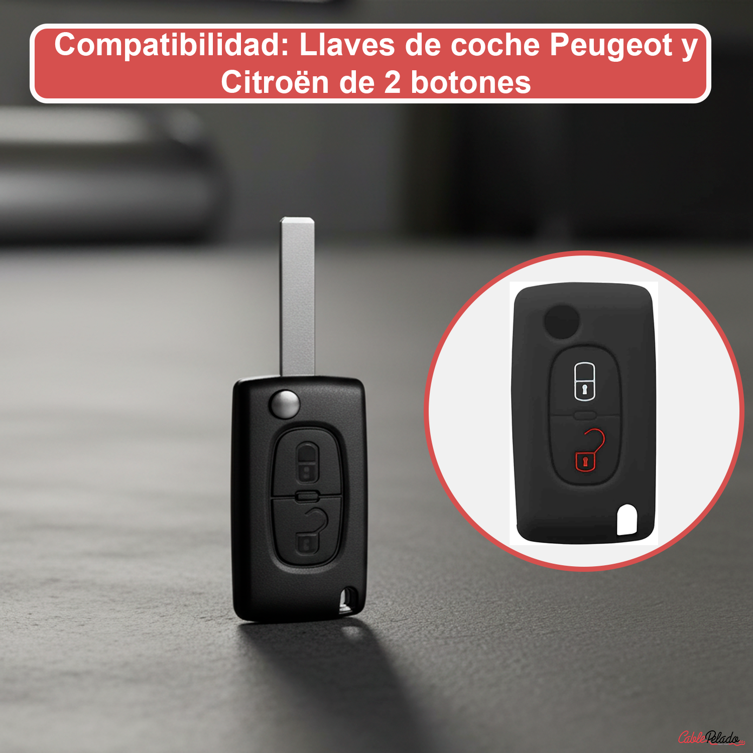 Funda Silicona Mando Llave De Coche 2 Botones Compatible Con Peugeot  Negro