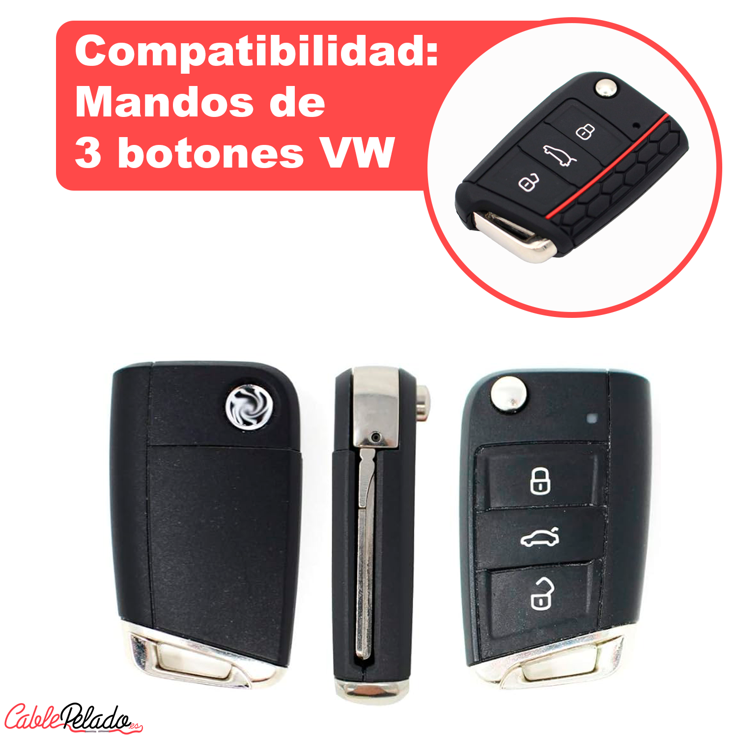 Funda Silicona Mando Llave Del Coche 3 Botones Compatible Con VW Golf 7  Negro