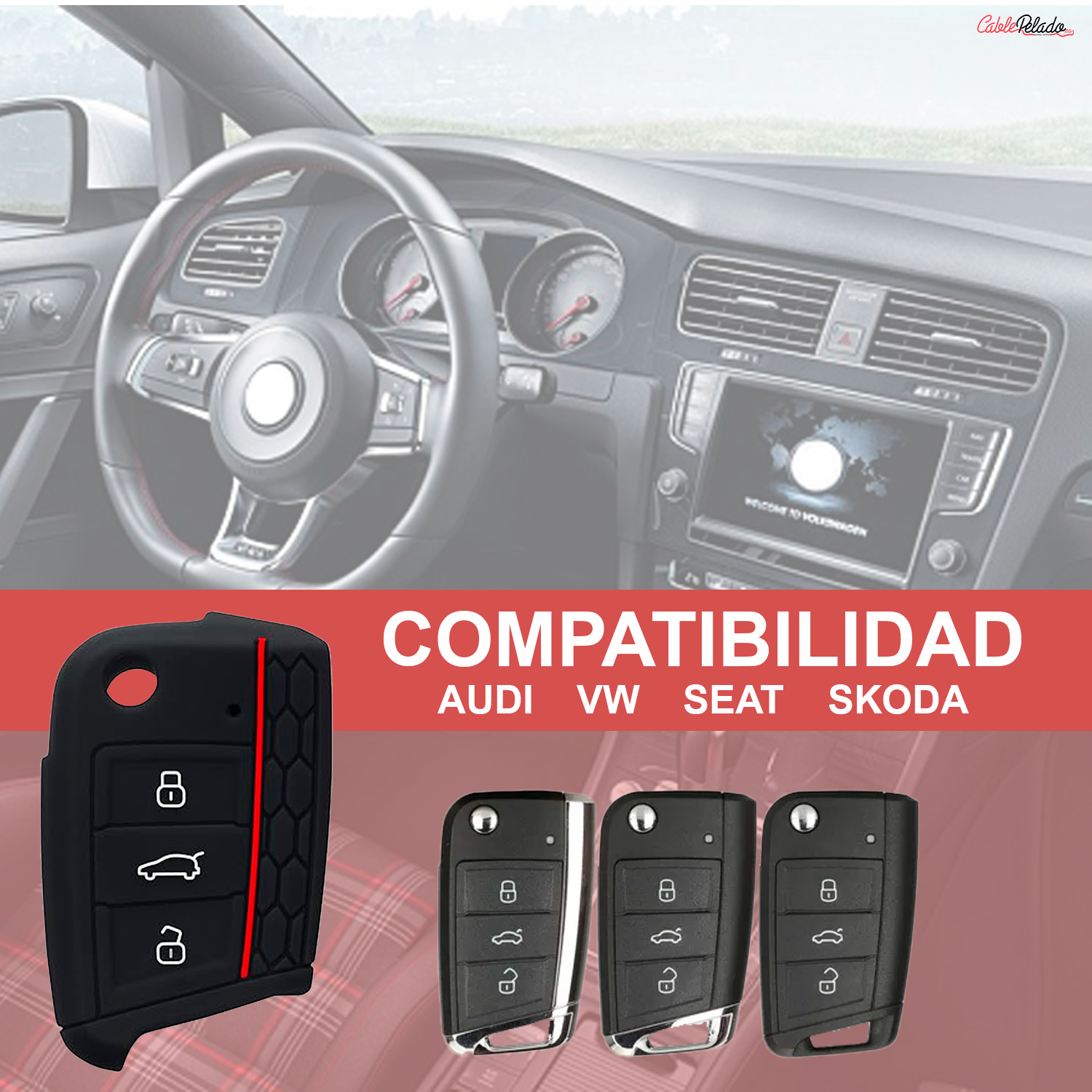 Funda Silicona Mando Llave Del Coche 3 Botones Compatible Con VW Golf 7  Negro