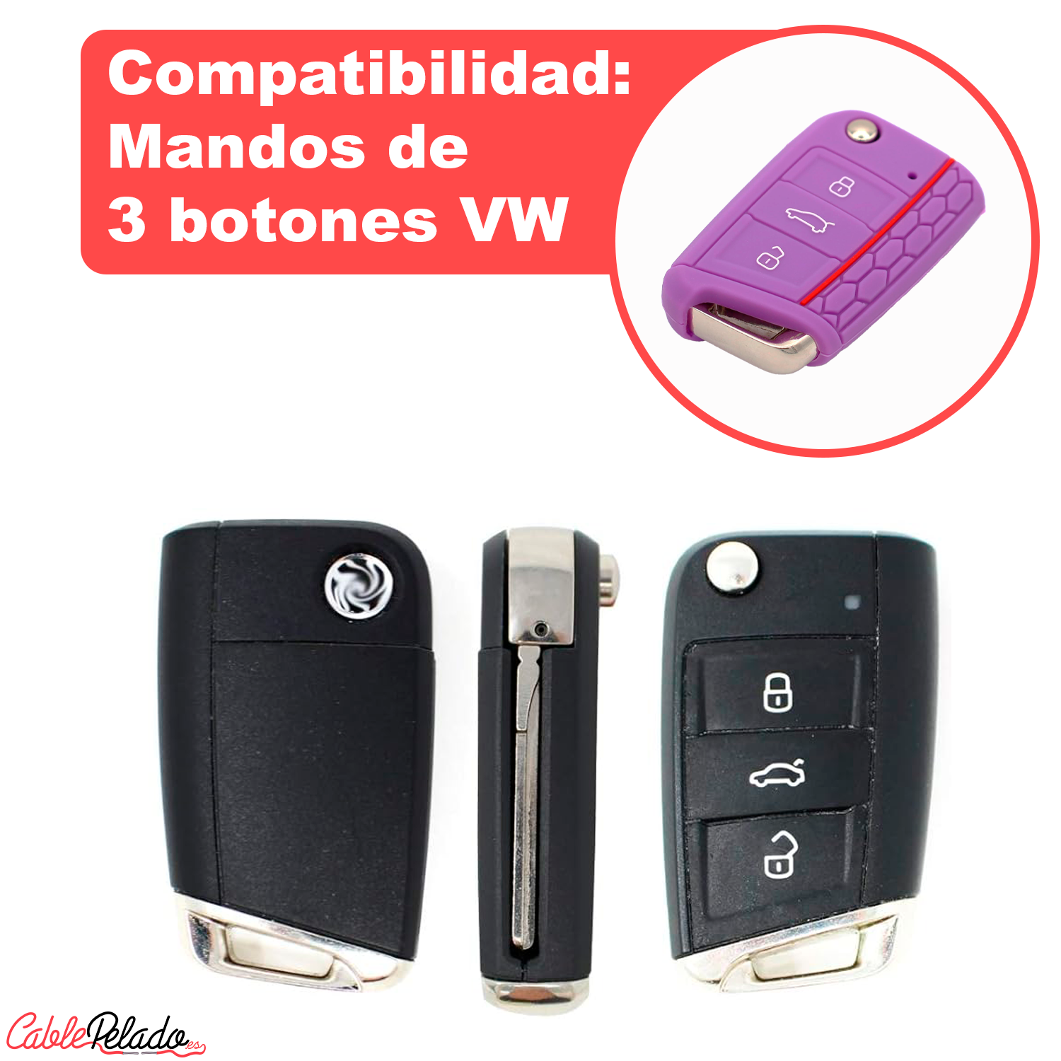 Funda Silicona Mando Llave Del Coche 3 Botones Compatible Con VW  lila