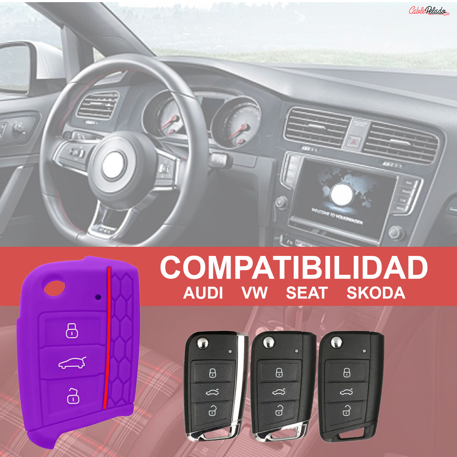 Funda Silicona Mando Llave Del Coche 3 Botones Compatible Con VW  lila