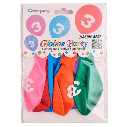 Globo de latex numero 3 cumpleaños (8 uds) 35 cm Multicolor