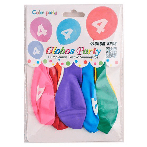 Globo de latex numero 4 cumpleaños (8 uds) 35 cm Multicolor