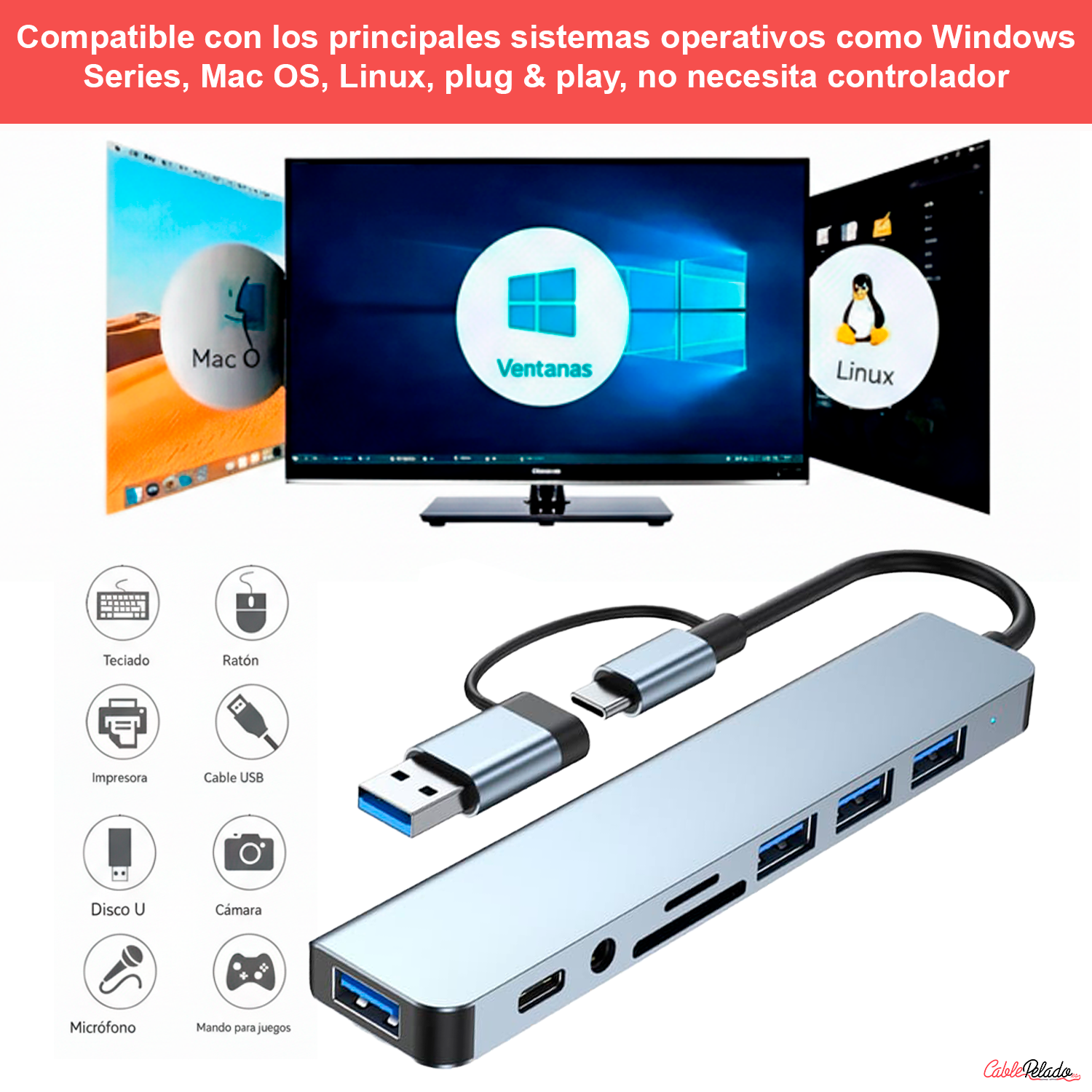 Hub USB 3.0 Multipuerto 8 en 1