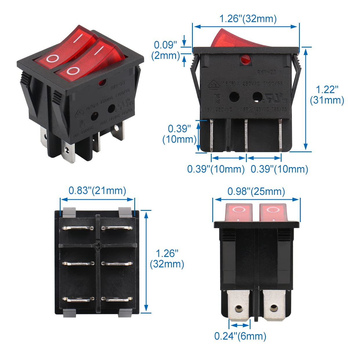 Interruptor doble basculante ON-OFF SPST 6 vias  Rojo 16 A