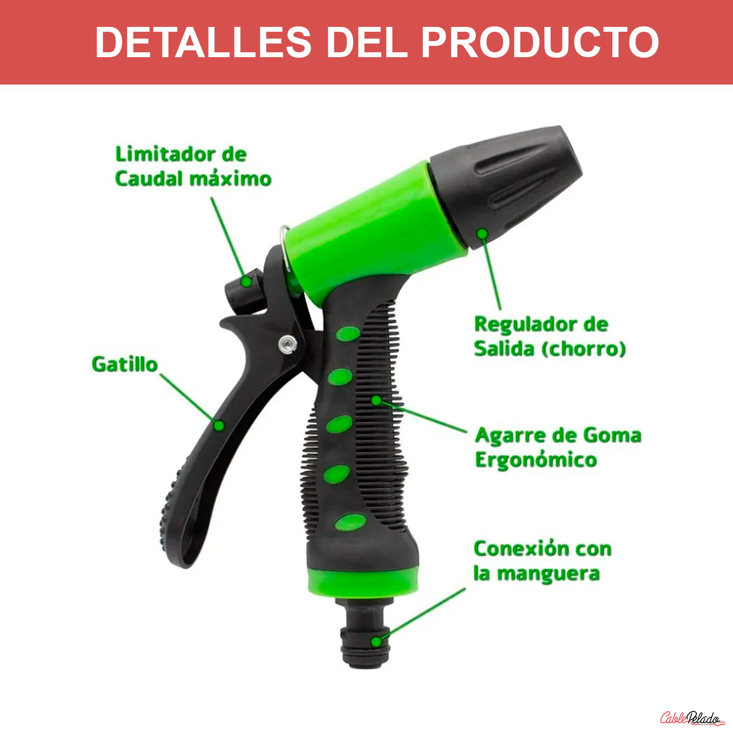 Kit Pisola De Riego Regulable 1 Modo Con 3 Adaptadores  Verde