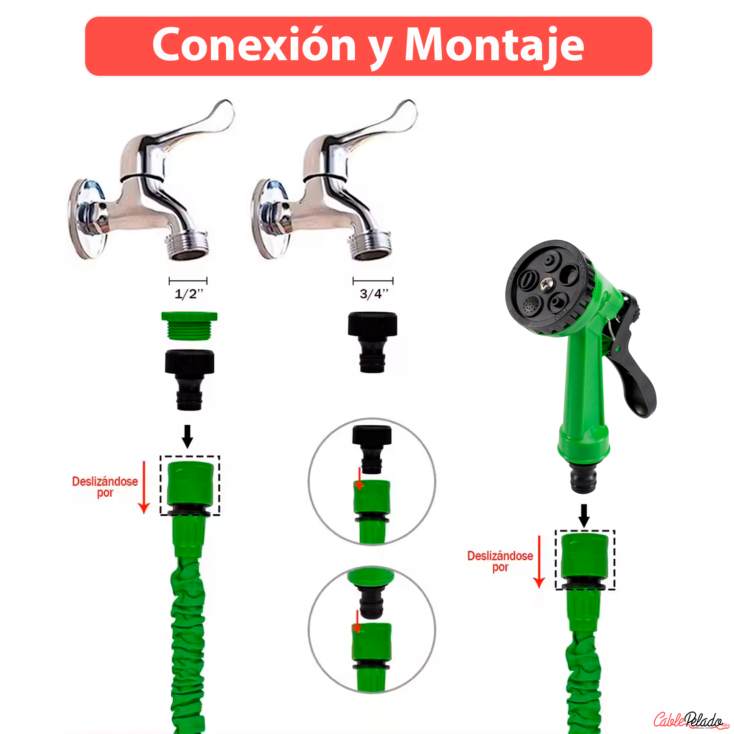 Kit Pistola De Riego Regulable Con 3 Adaptadores V2  Verde