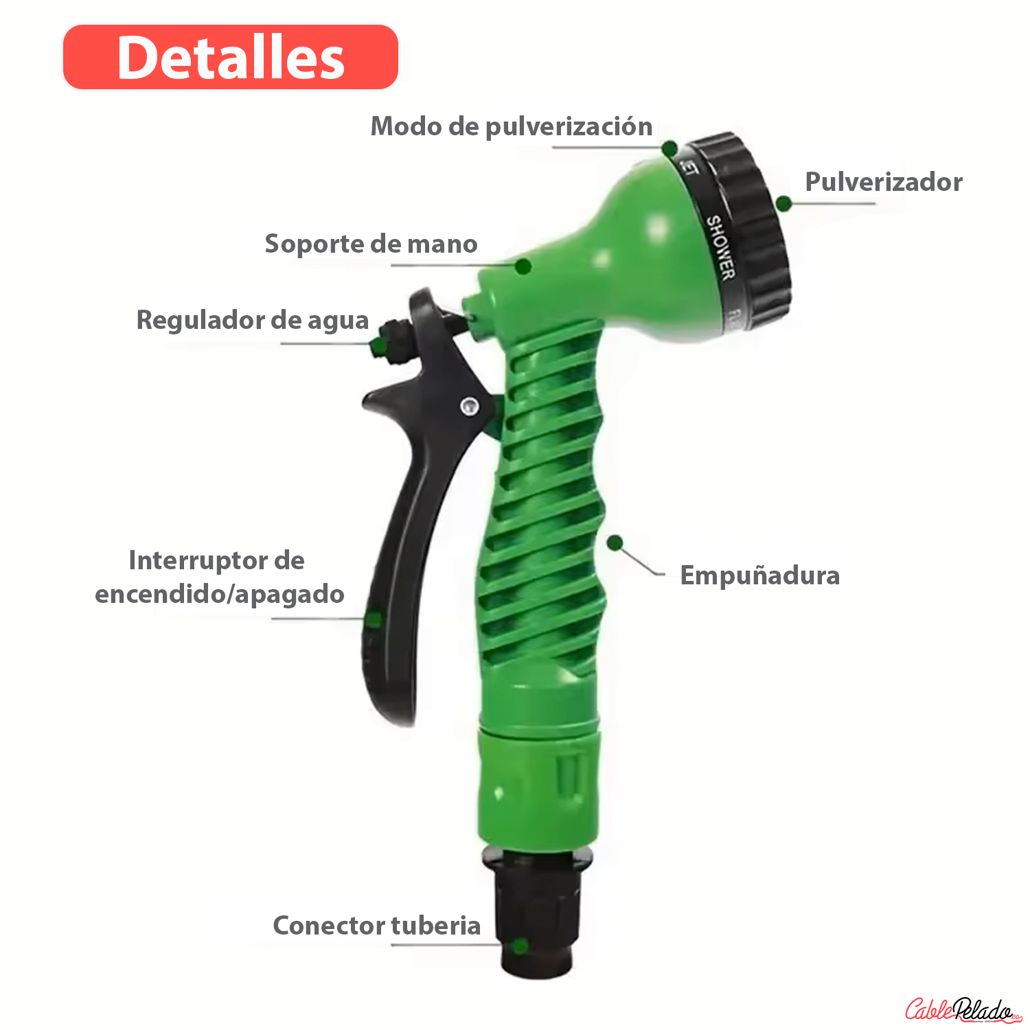 Kit Pistola De Riego Regulable Con 3 Adaptadores  Verde