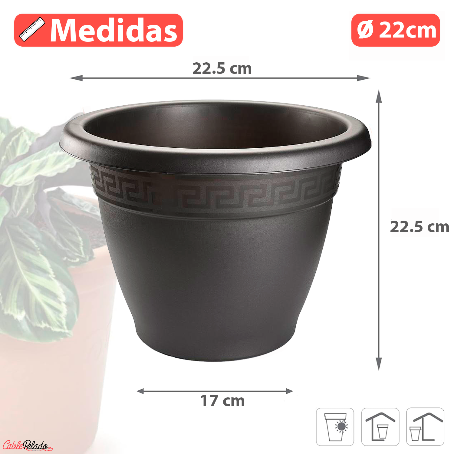 Macetero redondo de plastico 22 cm Negro