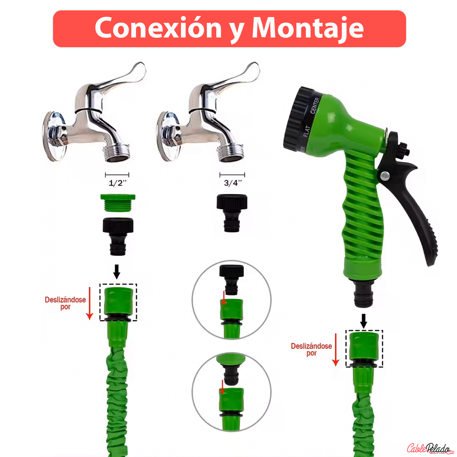 Manguera Jardin Extensible Hasta 7.50 Metros Incluye Pistola 7.5 M Verde