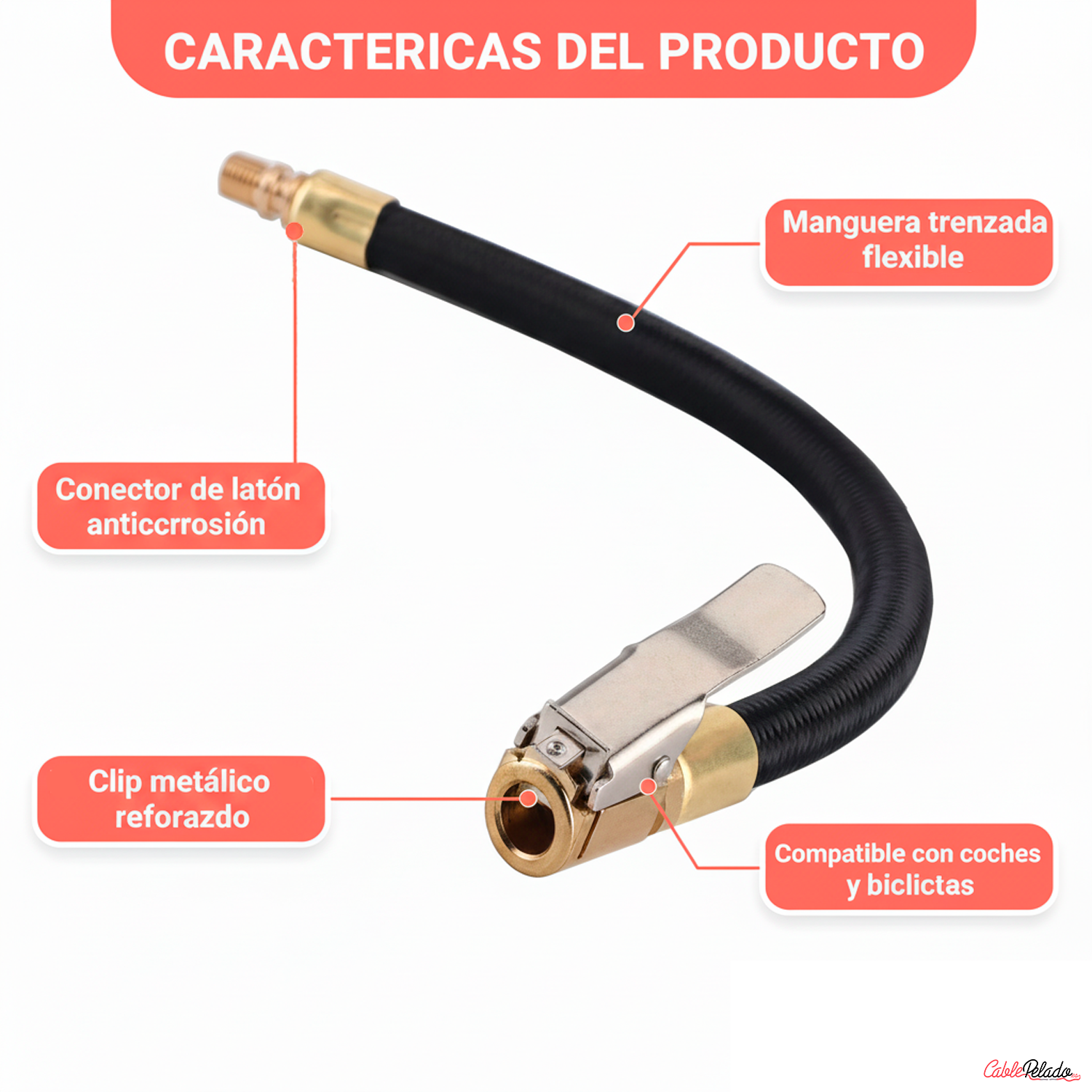 Manguera Para Inflador De Neumático Rosca 7.6 mm Longitud 35 cm