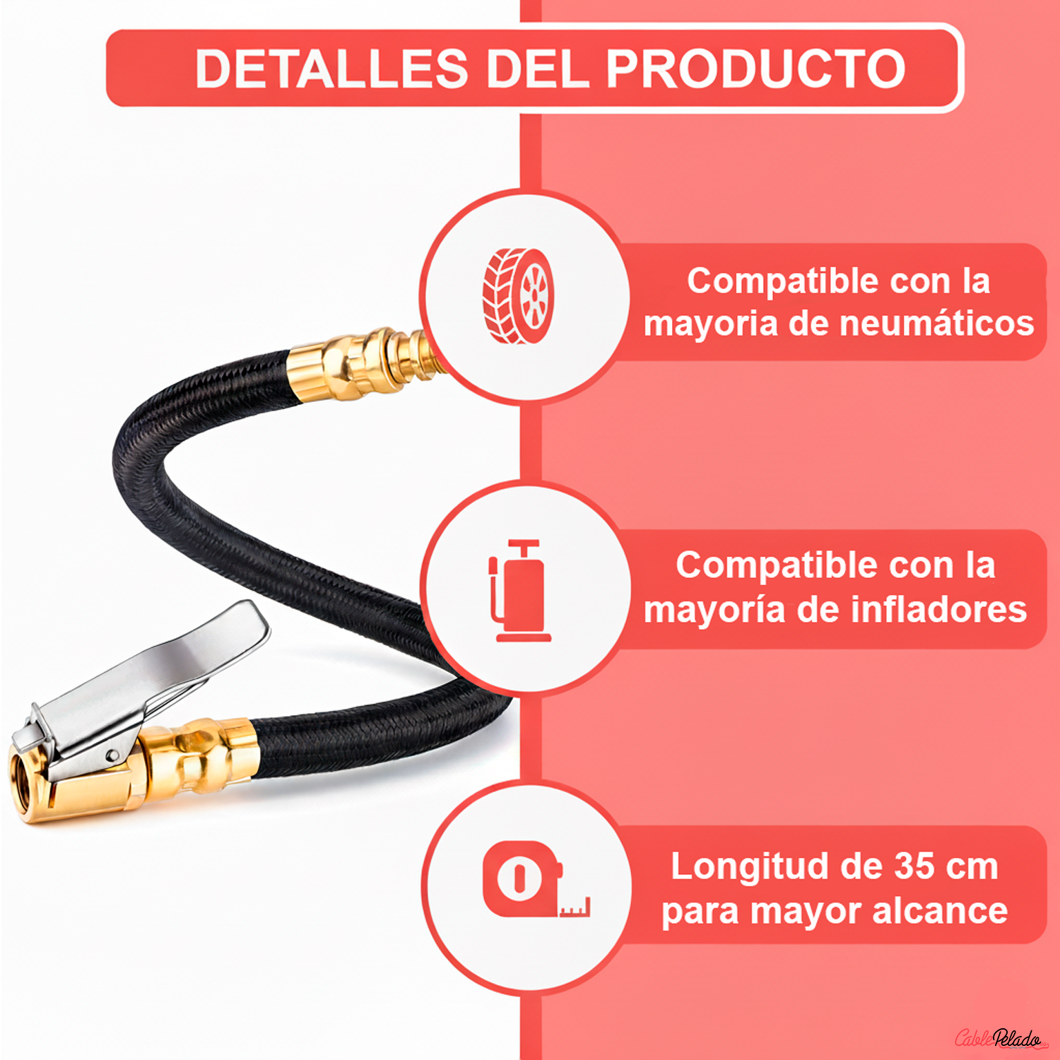Manguera Para Inflador De Neumático Rosca 7.6 mm Longitud 35 cm