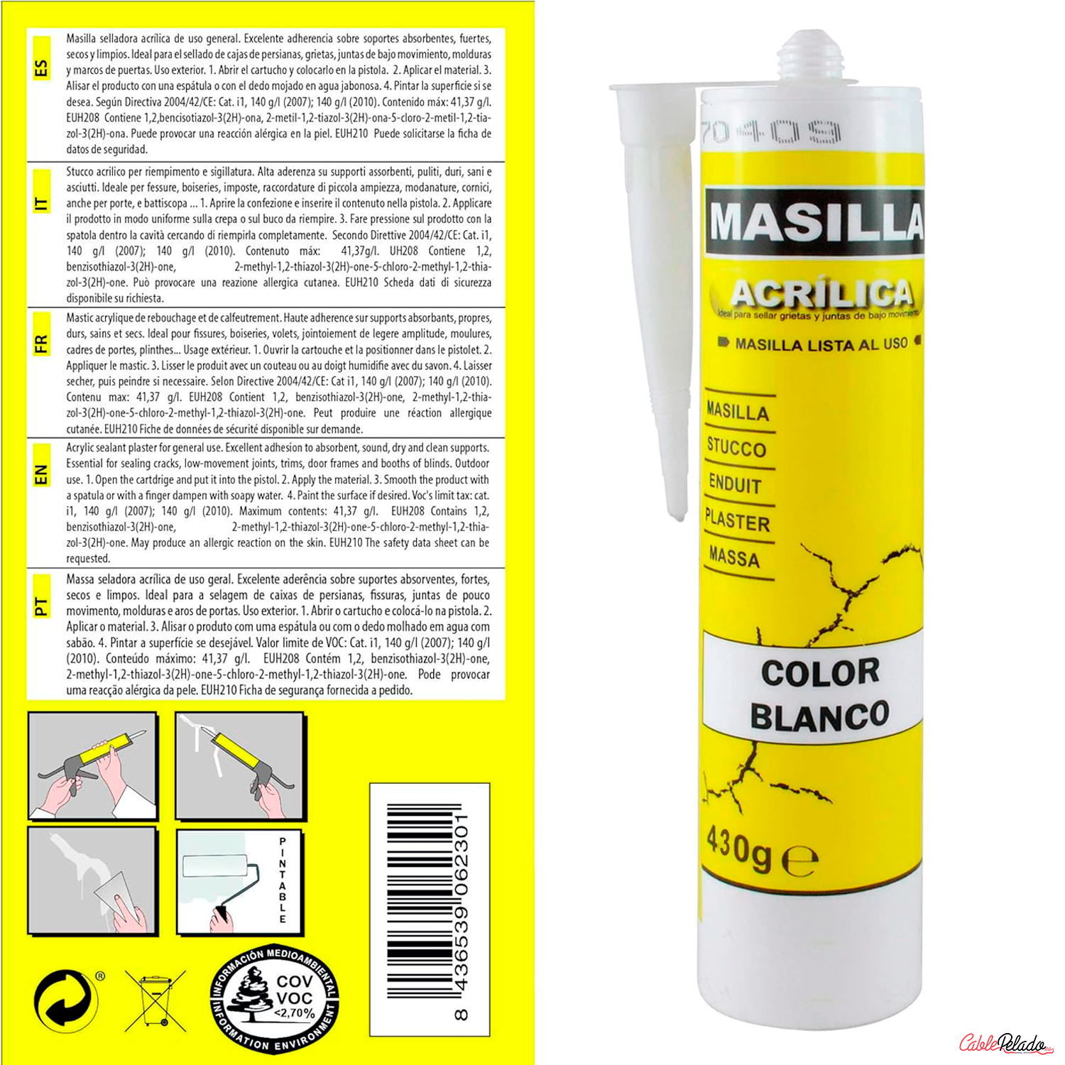 Masilla Acrílica Blanca Para Pistola 430 gr Blanco