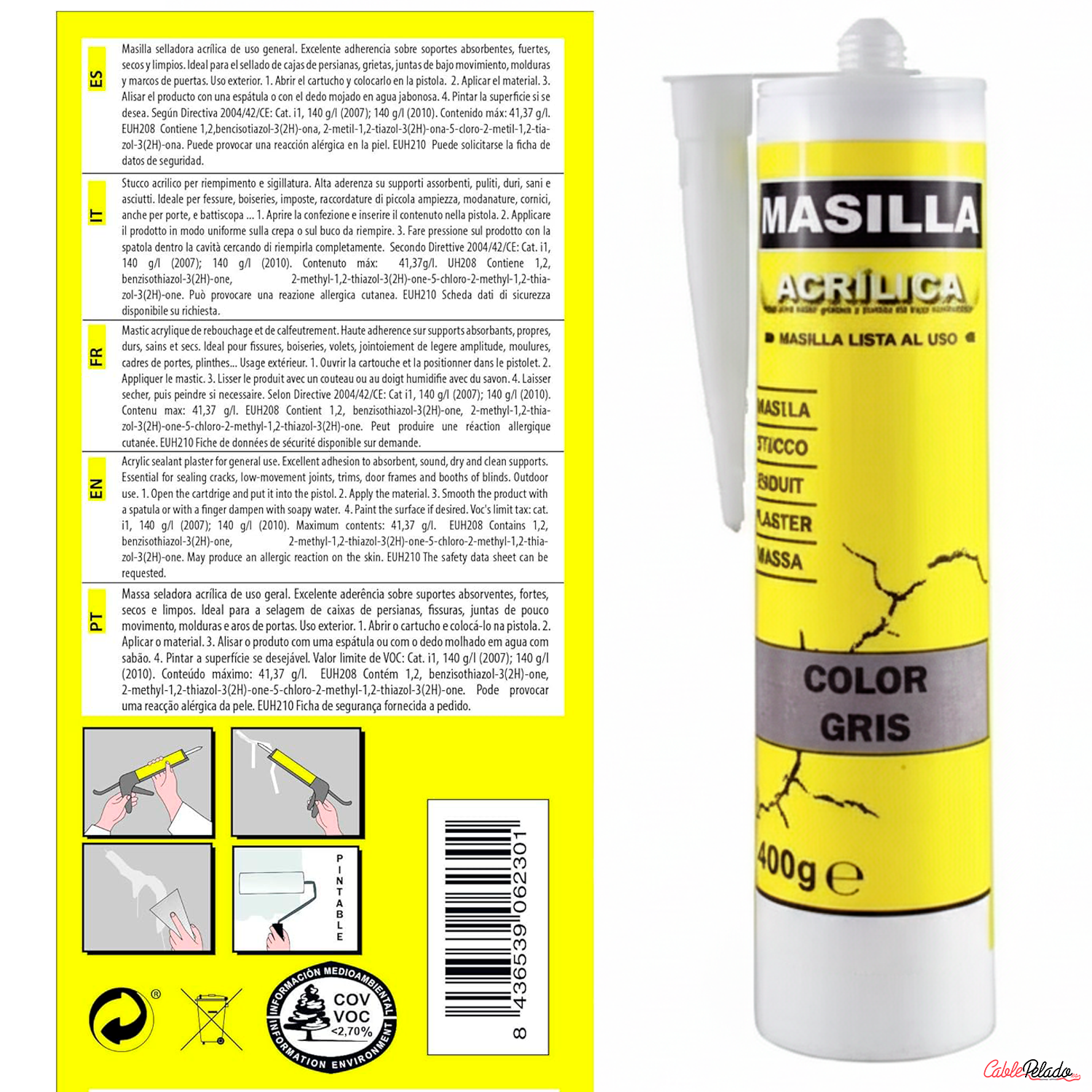 Masilla Acrílica Gris Para Pistola 400 Gramos  Gris