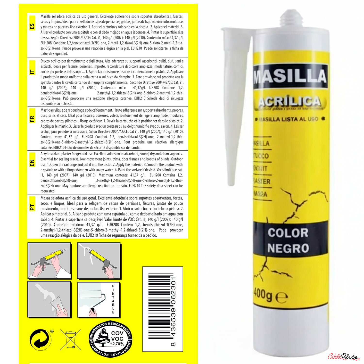 Masilla Acrílica Negra Para Pistola 400 Gramos  Negro