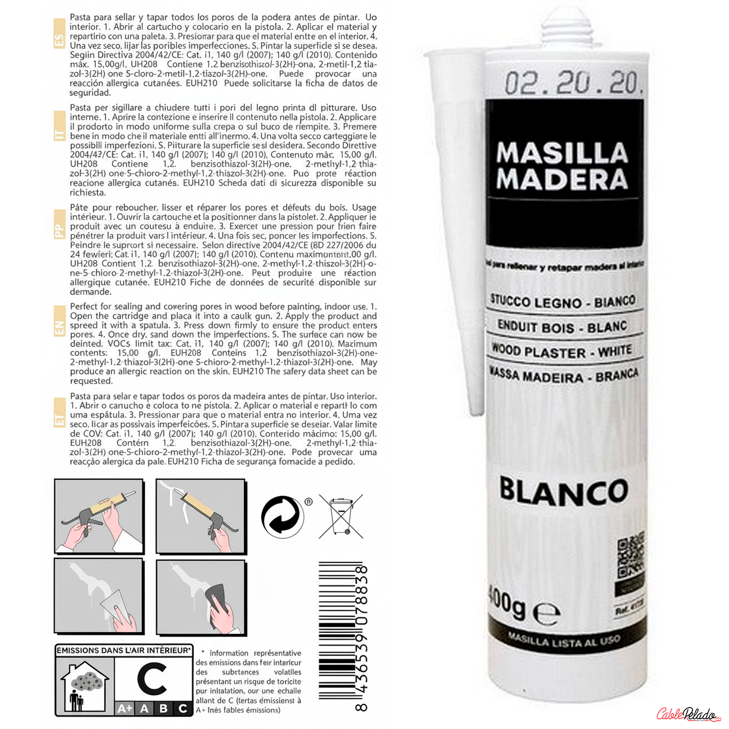Masilla Madera Blanca Para Pistola 400 Gramos  Blanco