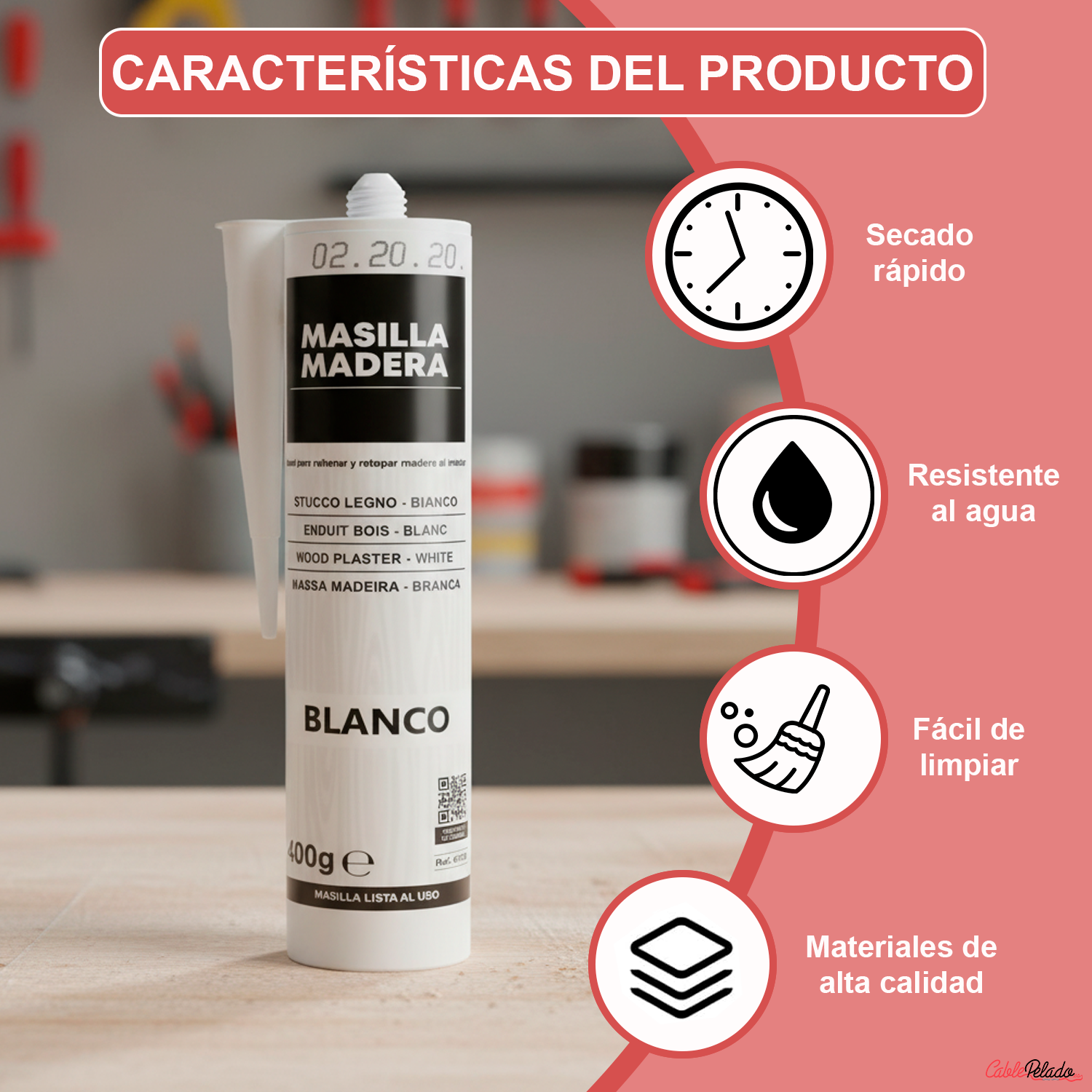 Masilla Madera Blanca Para Pistola 400 Gramos  Blanco