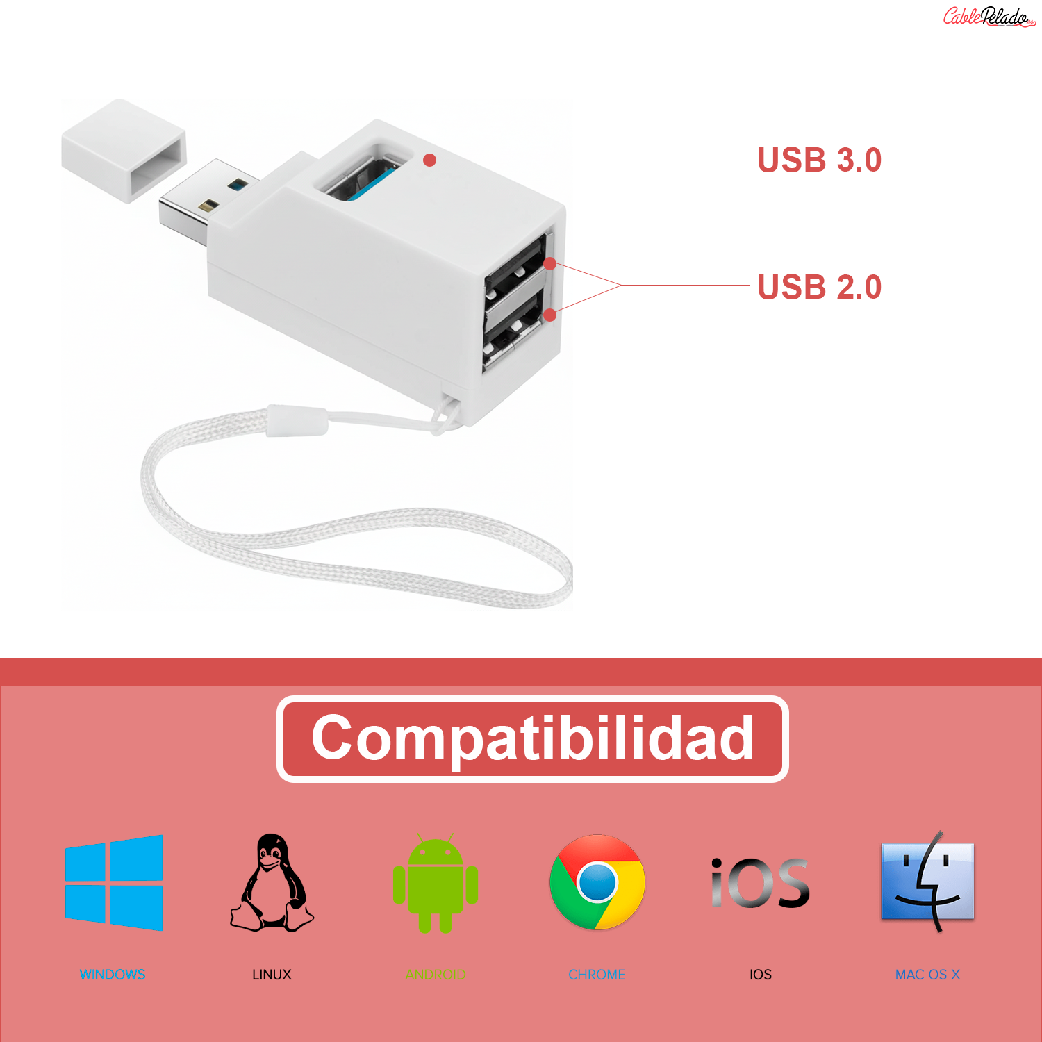 Mini Hub 3 Puertos 2 USB 2.0 Mas 1 USB 3.0  Blanco