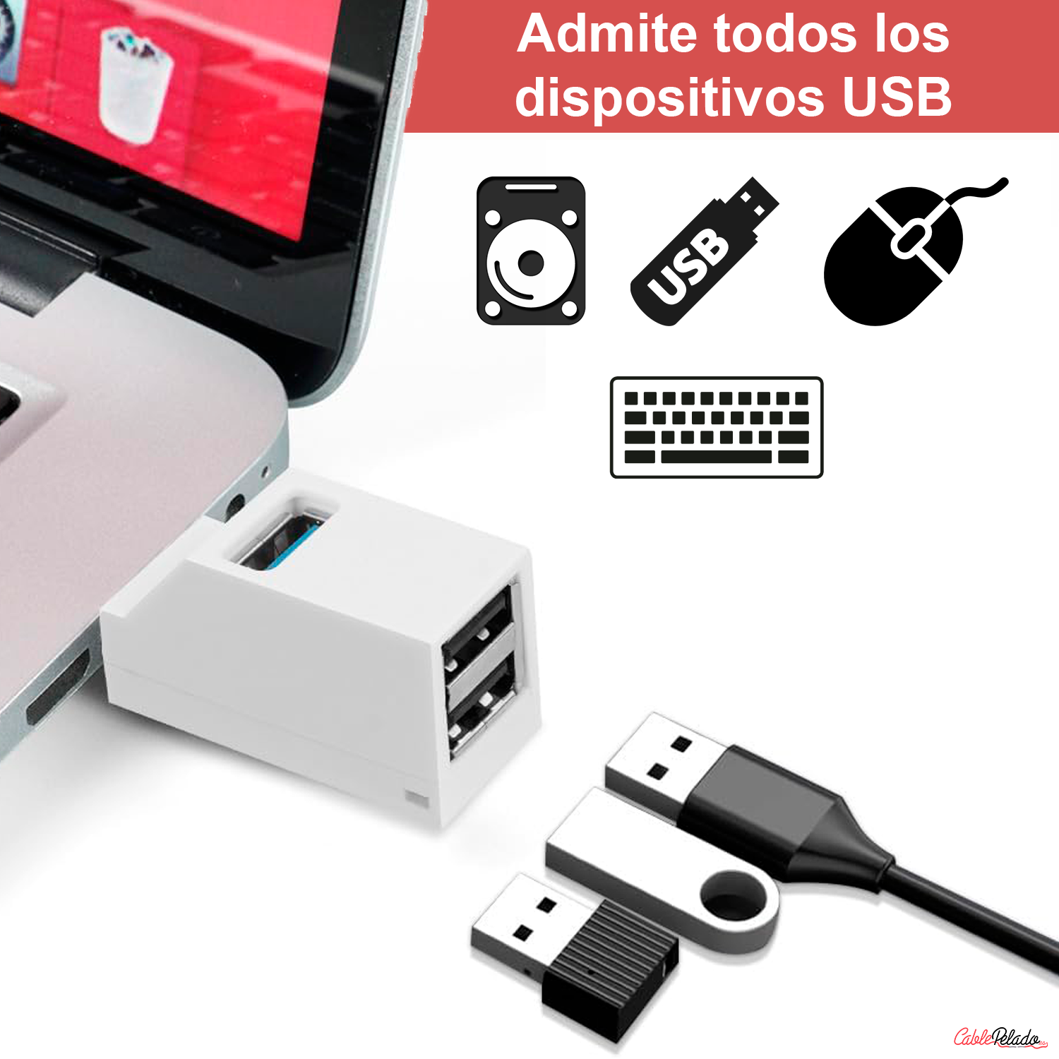 Mini Hub 3 Puertos 2 USB 2.0 Mas 1 USB 3.0  Blanco
