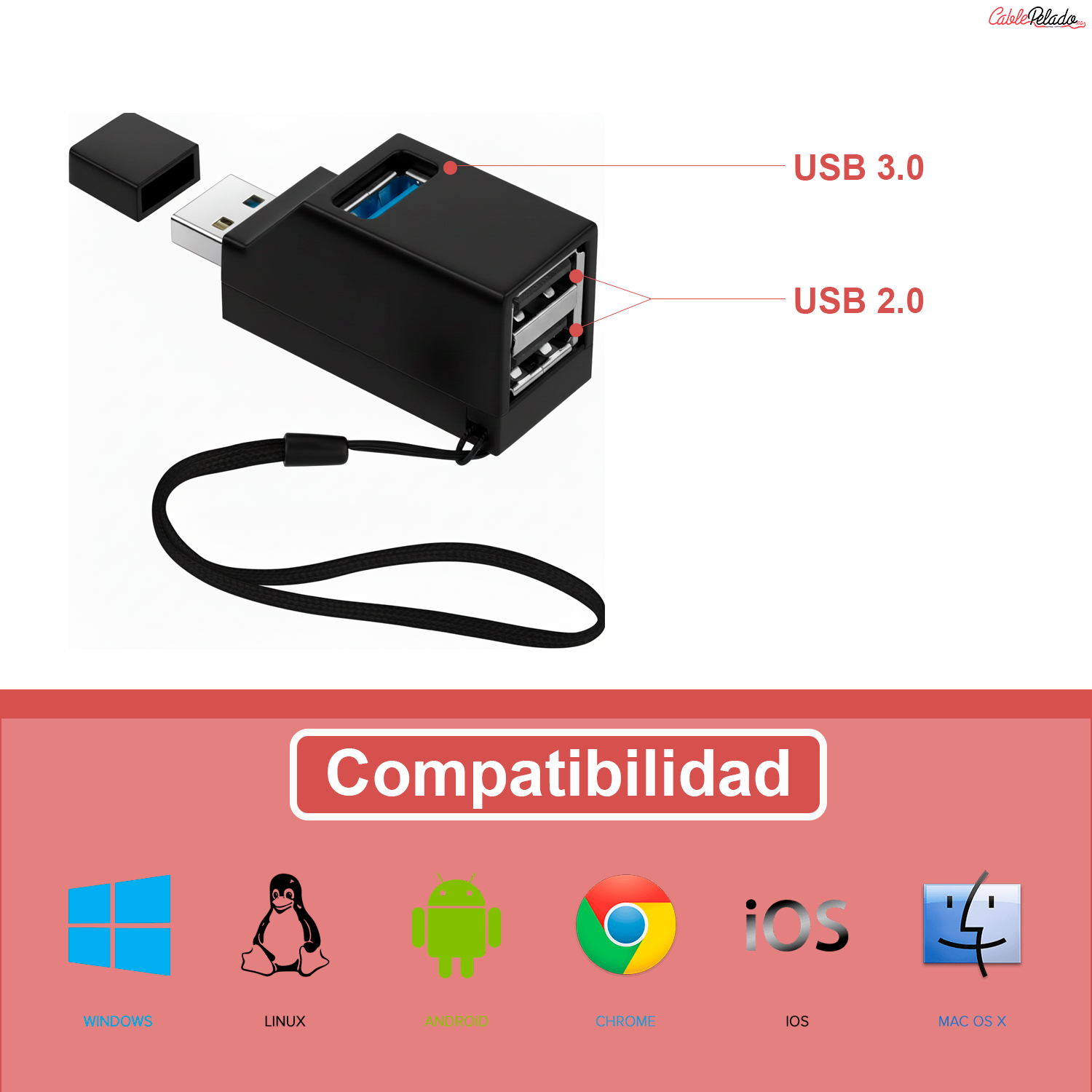 Mini Hub 3 Puertos 2 USB 2.0 Mas 1 USB 3.0  Negro