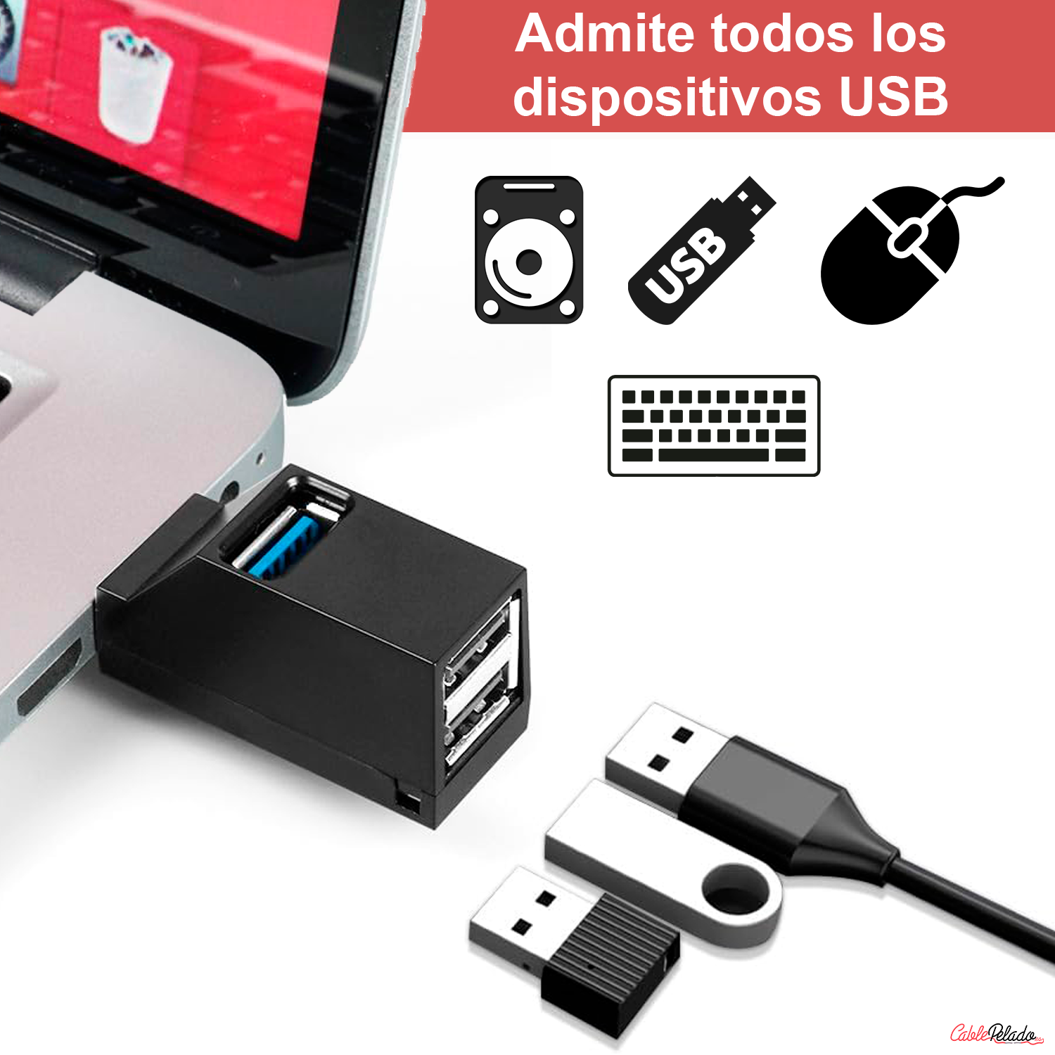 Mini Hub 3 Puertos 2 USB 2.0 Mas 1 USB 3.0  Negro