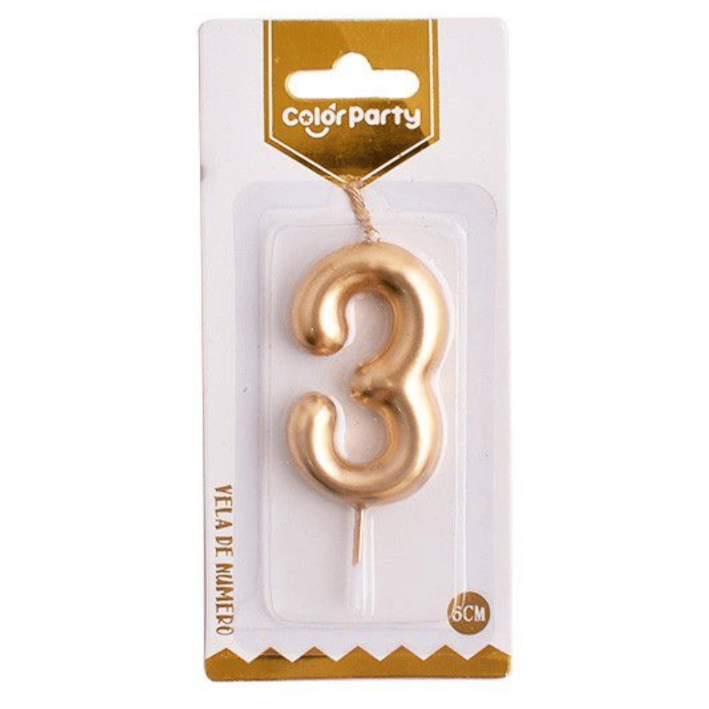Numero 3 vela cumpleaños 6 cm Dorado