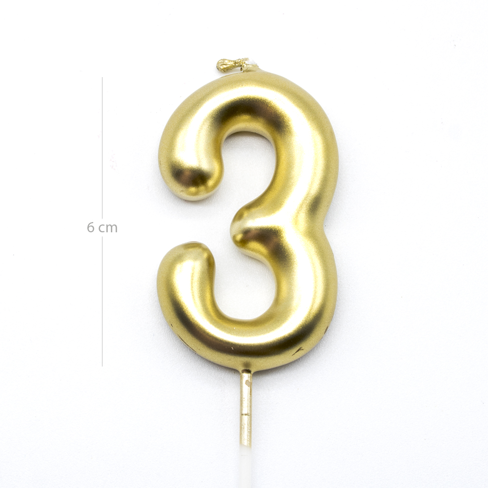 Numero 3 vela cumpleaños 6 cm Dorado