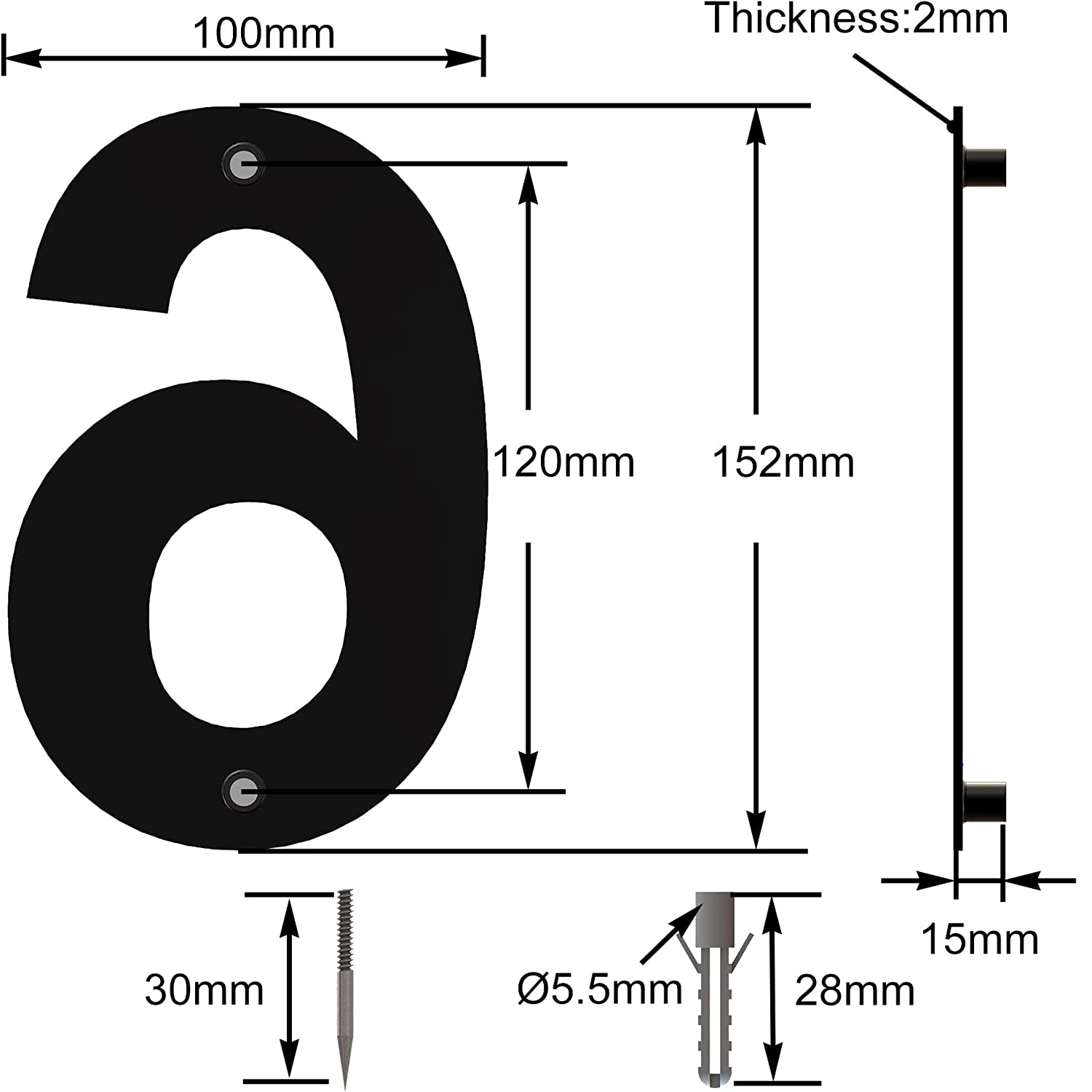 Numero 9 en acero inoxidable 152 mm Negro