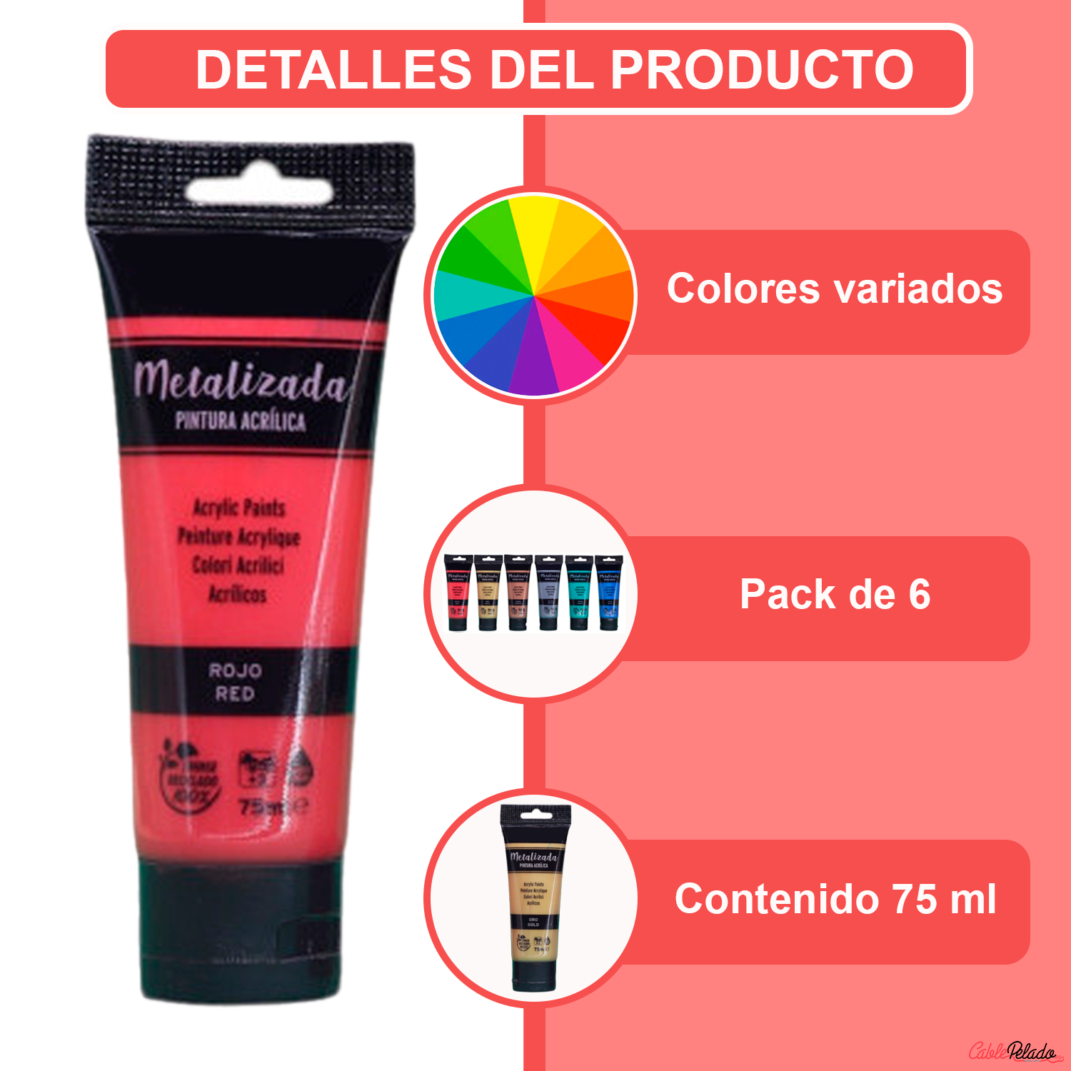 Pack Pinturas Acrílicas Metalizada De 6 Colores Para Lienzos Y Manualidades 75 Ml  Multicolor