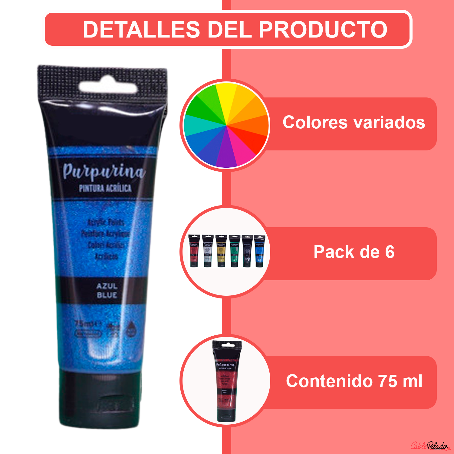 Pack Pinturas Acrílicas Purpurina De 6 Colores Para Lienzos Y Manualidades 75 ml  Multicolor