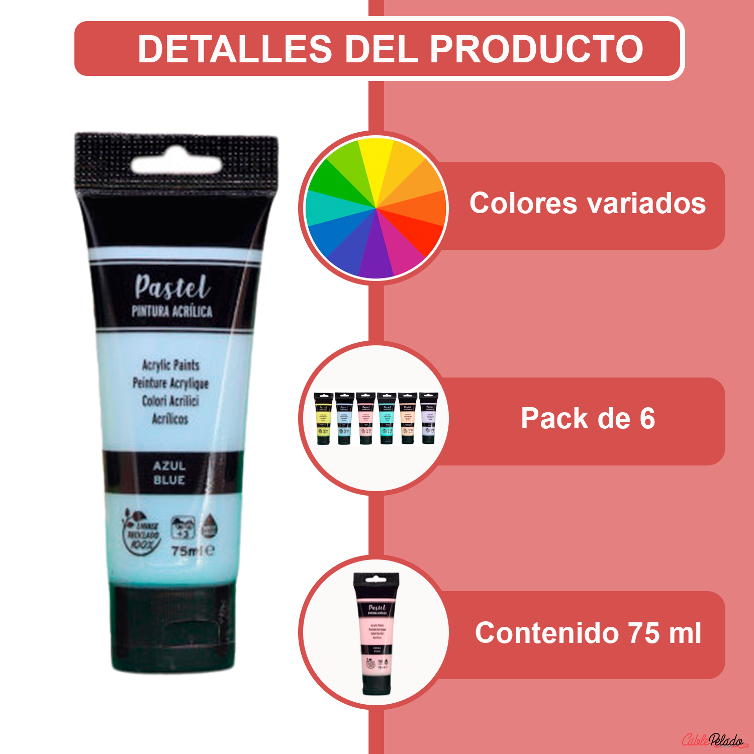 Pack Pinturas Satinadas Pasteles De 6 Colores Para Lienzos Y Manualidades 75 Ml  Multicolor
