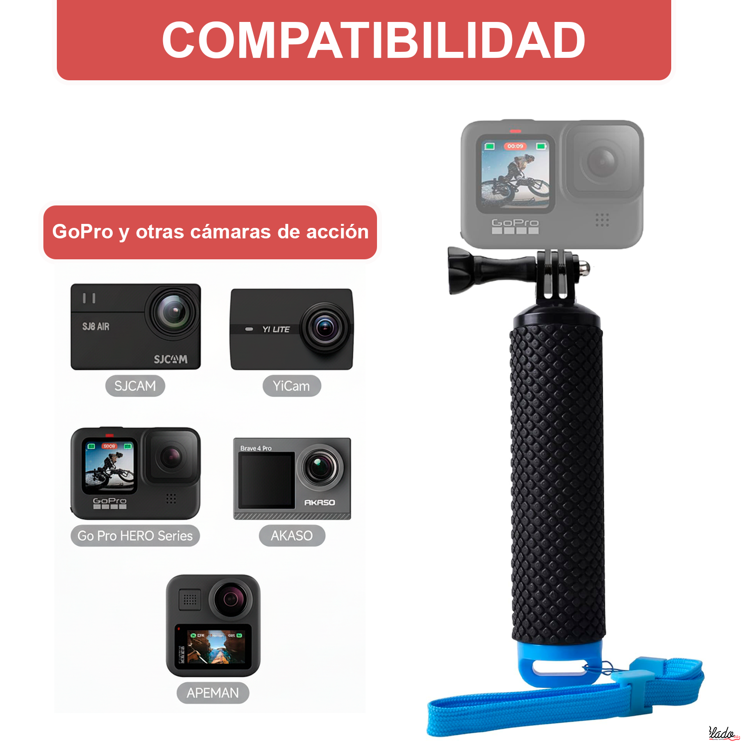 Palo Flotante Para Cámara Deportiva Compatible Con GoPro  azul-negro