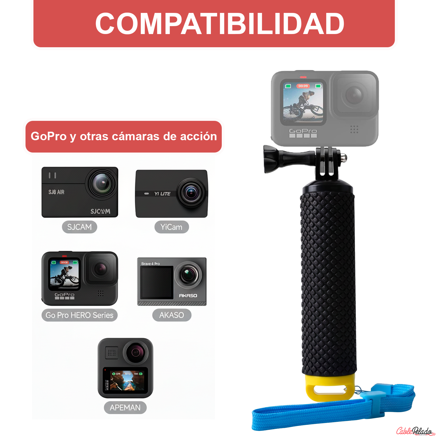 Palo Flotante Para Cámara Deportiva Compatible Con GoPro  Negro-Amarillo