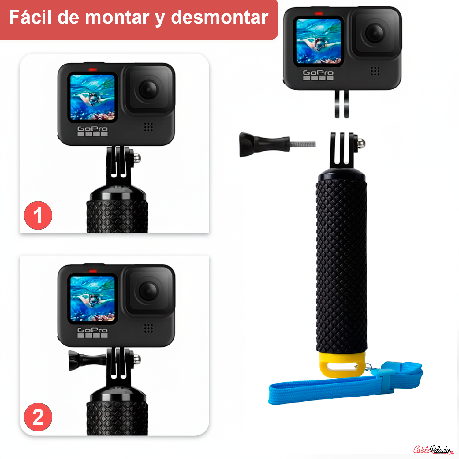 Palo Flotante Para Cámara Deportiva Compatible Con GoPro  Negro-Amarillo