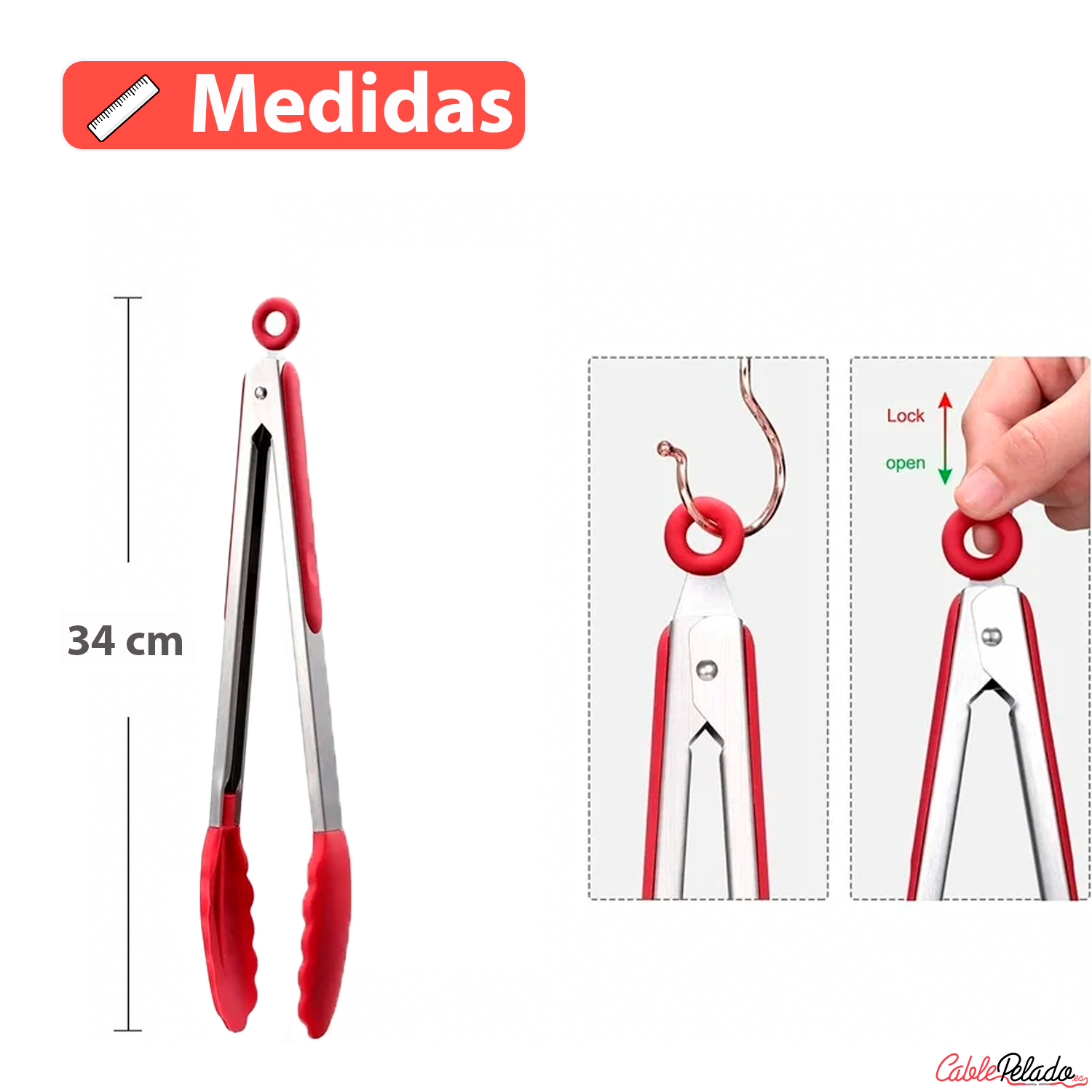 Pinza De Cocina En Acero Inoxidable Y Silicona Negro 34 cm Rojo