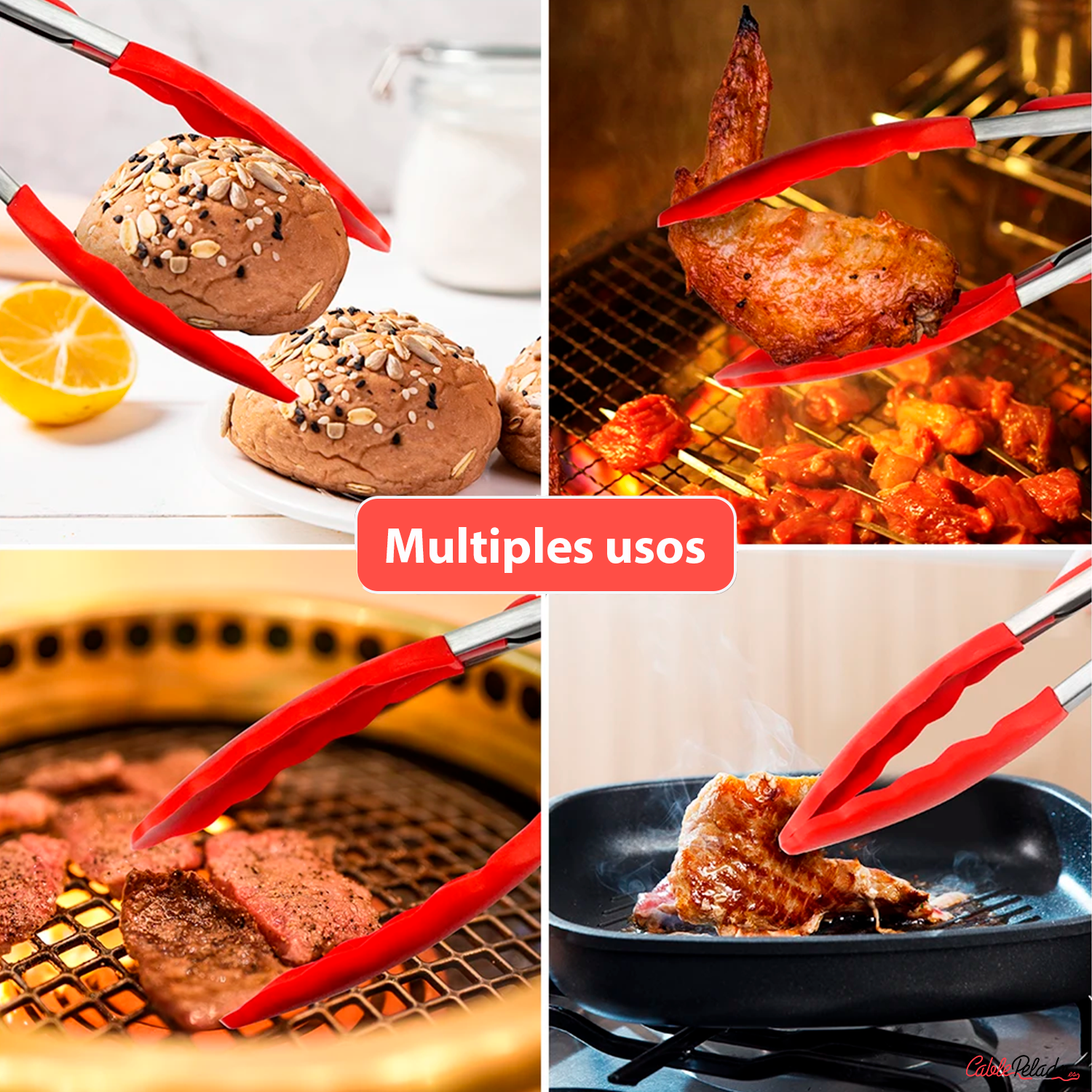 Pinza De Cocina En Acero Inoxidable Y Silicona Negro 34 cm Rojo