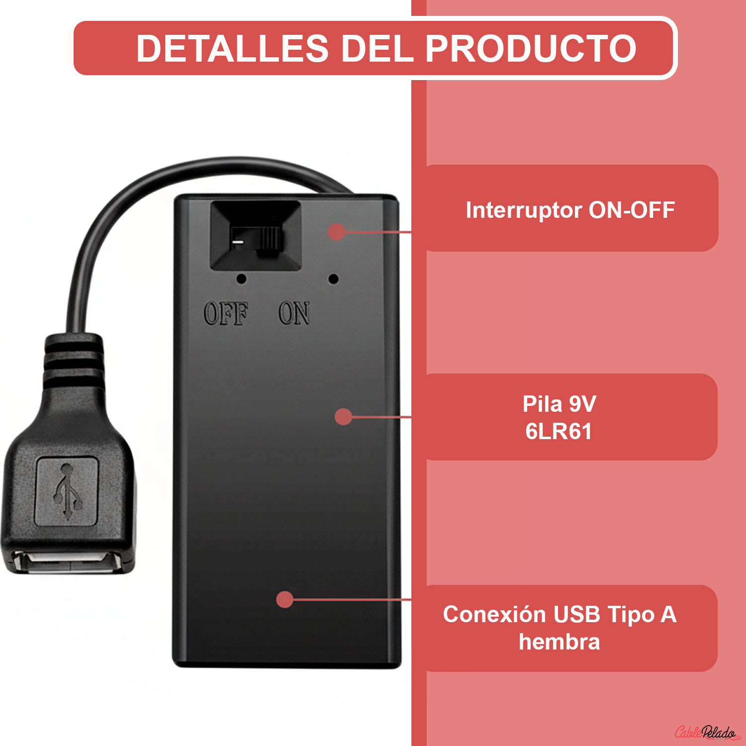 Portapilas Para 1 Pila 6LR61 9V Arduino USB Hembra  Negro