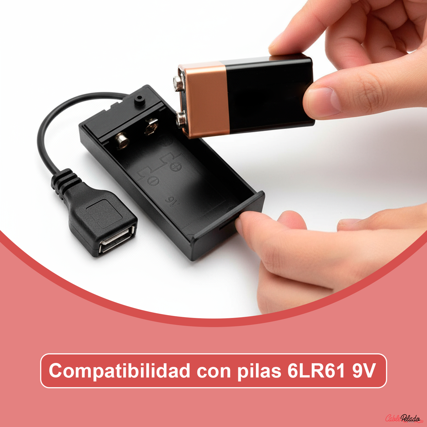 Portapilas Para 1 Pila 6LR61 9V Arduino USB Hembra  Negro