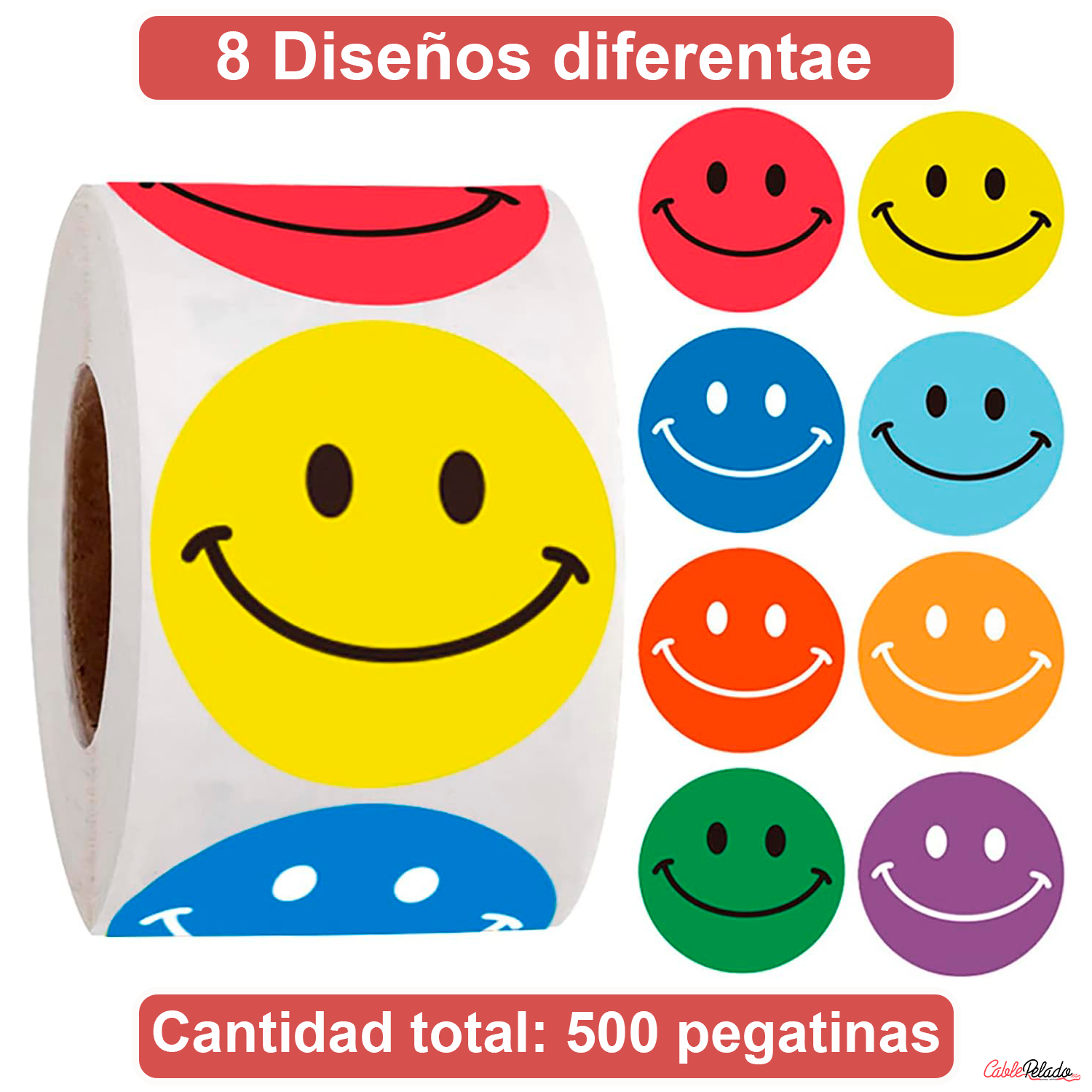 Rollo Pegatinas De Caras Felices 2.5 Cm 500 Unidades  Multicolor