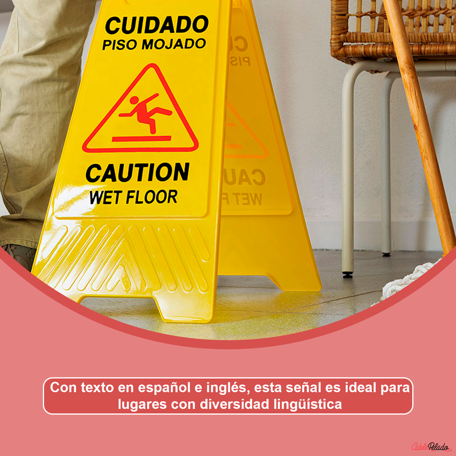 Señal Suelo Mojado Plegable (CASTELLANO-INGLES) 60 cm Amarillo
