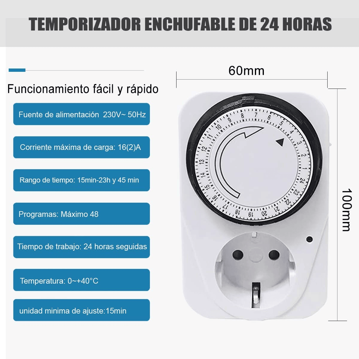Temporizador programable manual 24 h con enchufe Blanco
