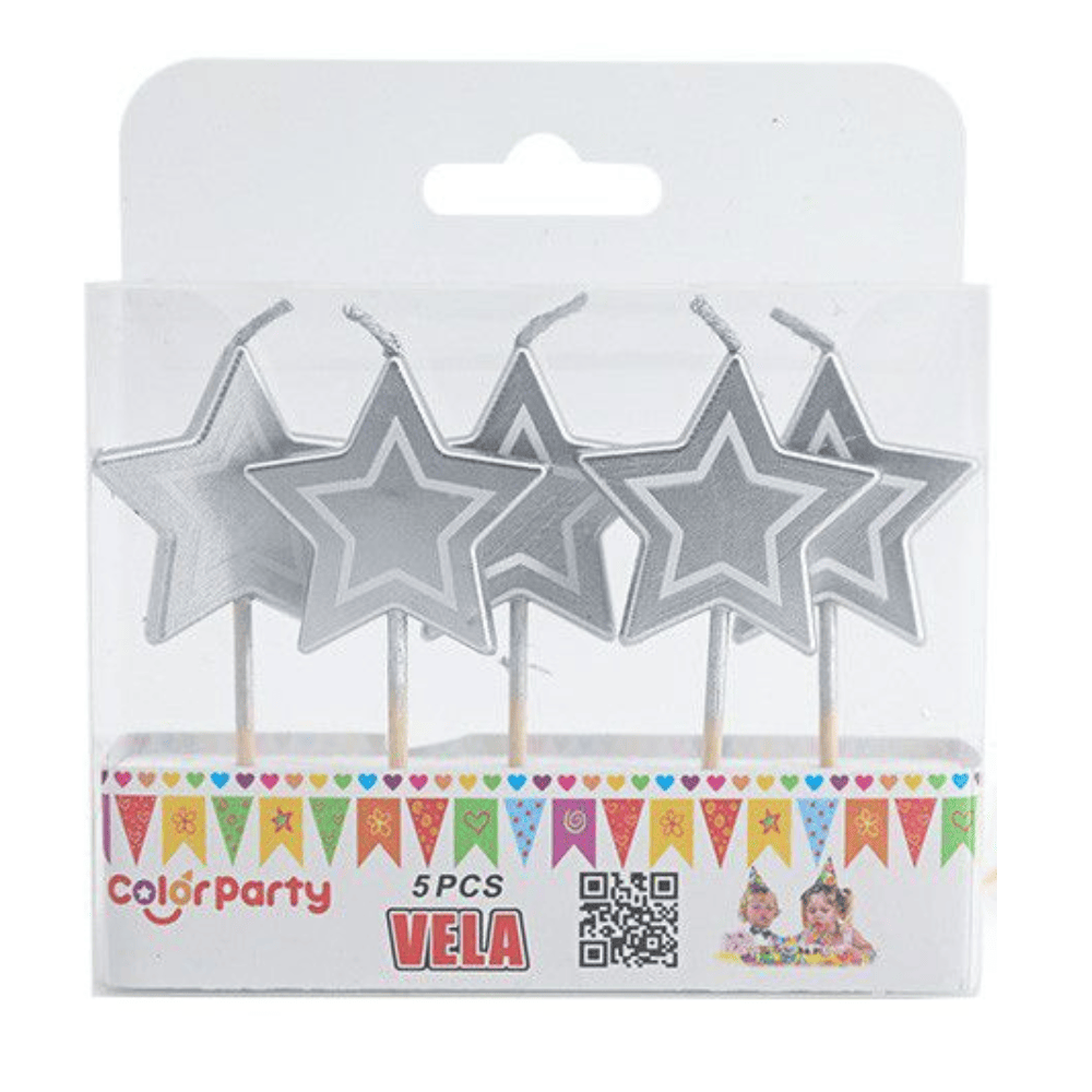 Vela de cumpleaños estrellas (5 uds) 7 cm Plateado