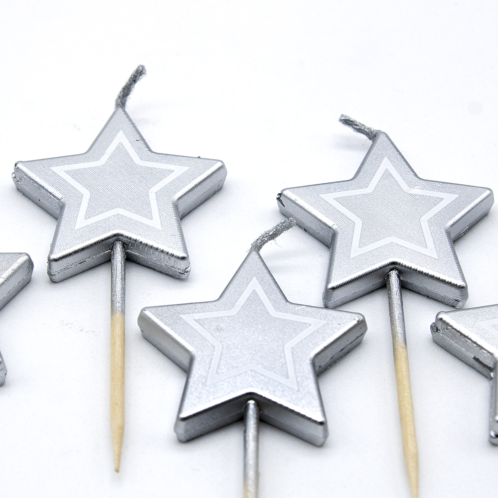 Vela de cumpleaños estrellas (5 uds) 7 cm Plateado